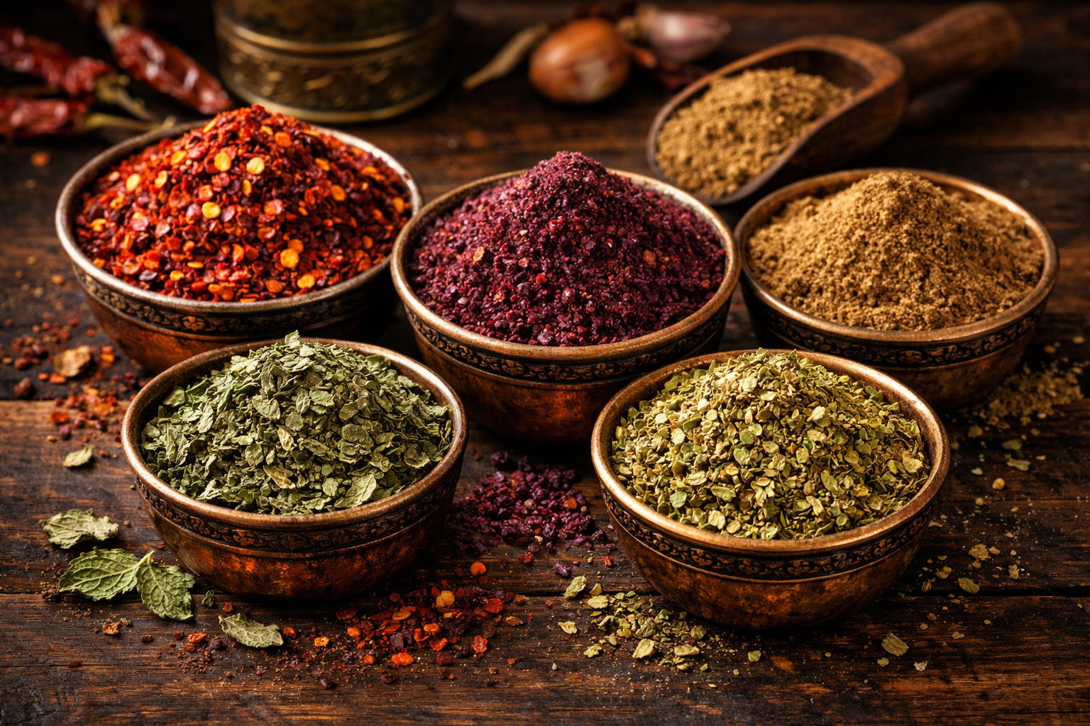 Bakır kaselerde çeşitli baharatlar ve kurutulmuş otlar