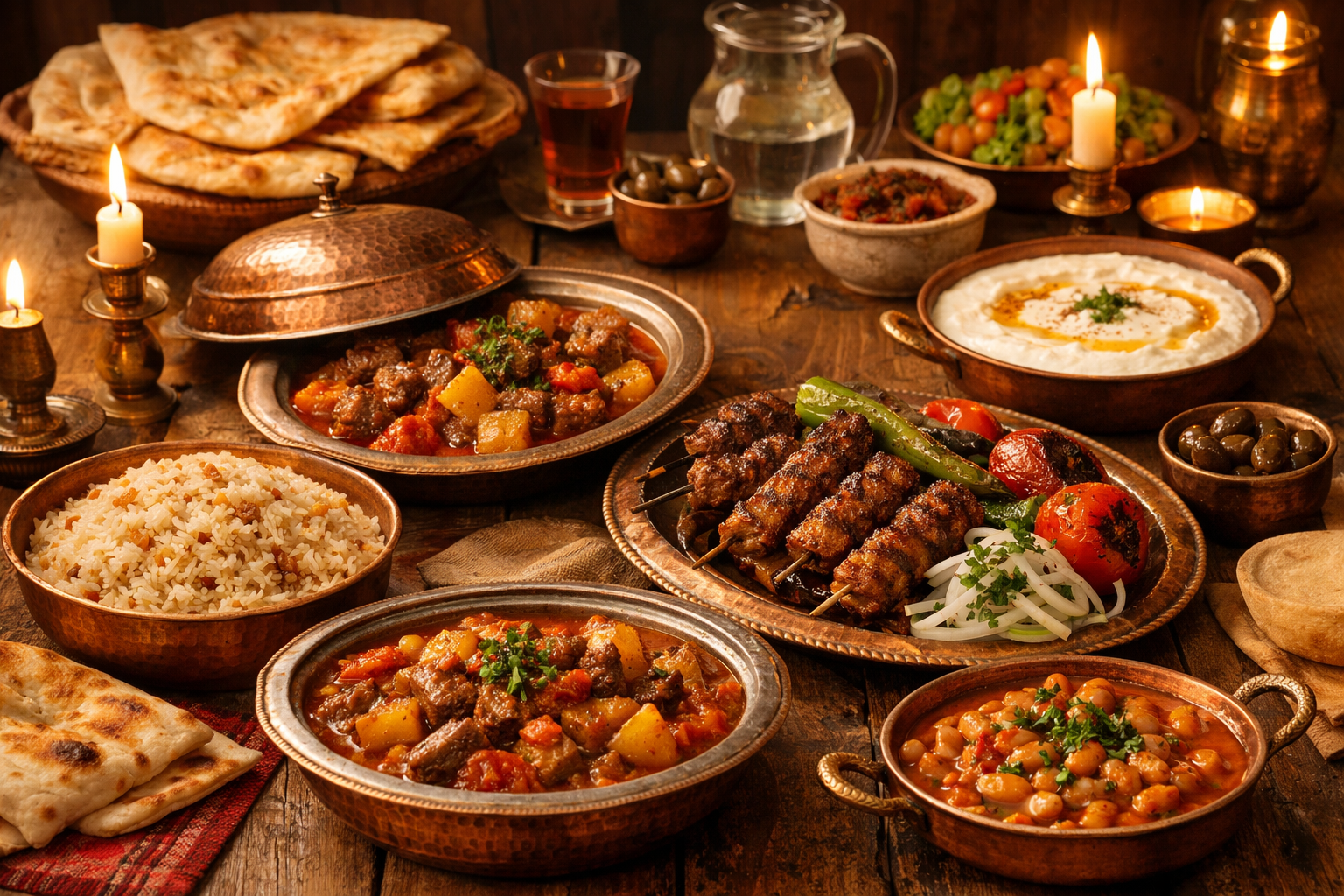 Geleneksel Anadolu sofrası üzerinde bakır kaplar ve ev yemekleri