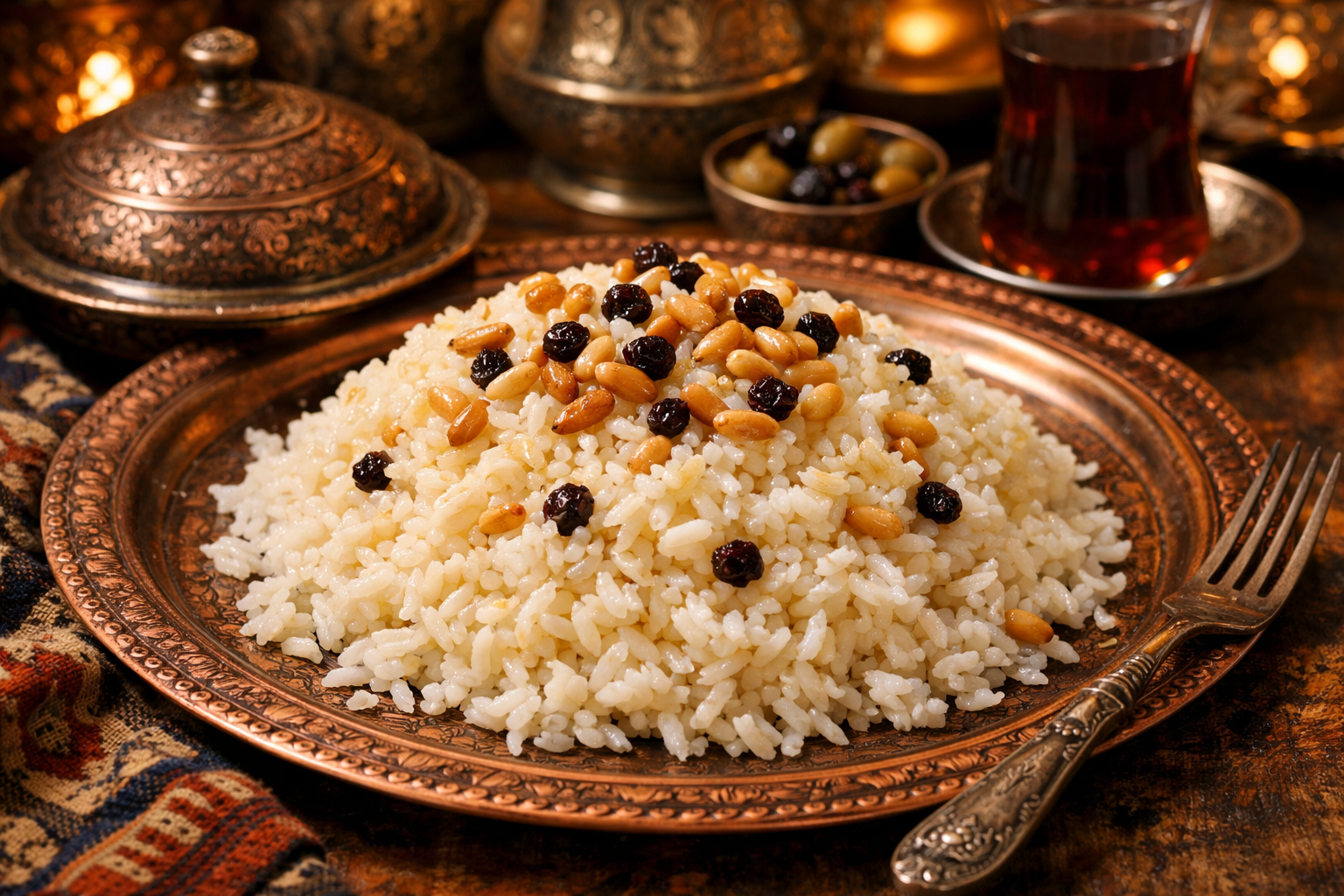 Tereyağlı pirinç pilavı bakır tepsinin üzerinde servis ediliyor